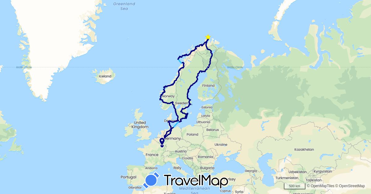 TravelMap itinerary: driving, cycling, boat in Germany, Denmark, Finland, France, Luxembourg, Norway, Sweden (Europe)
