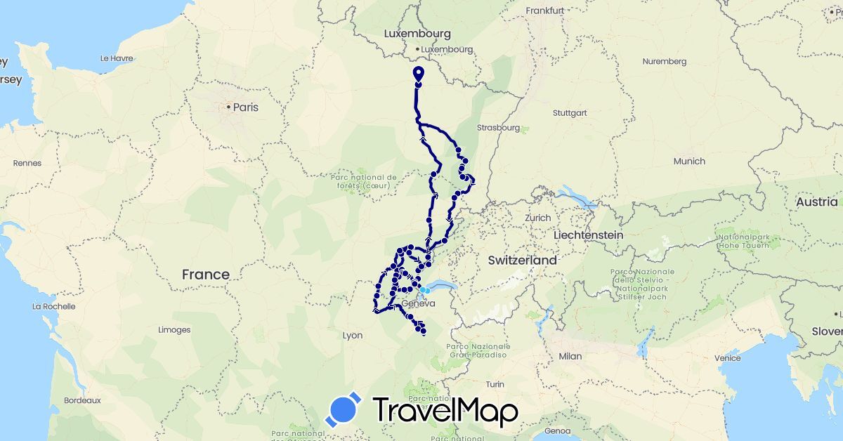 TravelMap itinerary: driving, boat in Switzerland, France (Europe)
