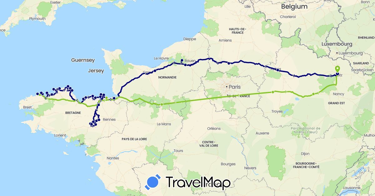 TravelMap itinerary: driving, electric vehicle in France (Europe)